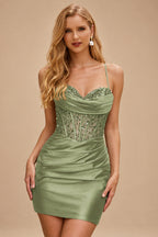 Rutipo Celadon Cowl Sweetheart Neck Tight Homecoming Dress with Embellished Illusion Corset