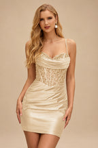 Rutipo Champagne Cowl Sweetheart Neck Tight Homecoming Dress with Embellished Illusion Corset