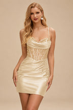 Rutipo Champagne Cowl Sweetheart Neck Tight Homecoming Dress with Embellished Illusion Corset