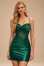 Rutipo Dark Green Cowl Sweetheart Neck Tight Homecoming Dress with Embellished Illusion Corset