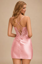 Rutipo Dusty Pink Cowl Sweetheart Neck Tight Homecoming Dress with Embellished Illusion Corset