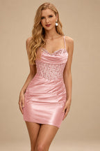 Rutipo Dusty Pink Cowl Sweetheart Neck Tight Homecoming Dress with Embellished Illusion Corset