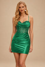 Rutipo Emerald Cowl Sweetheart Neck Tight Homecoming Dress with Embellished Illusion Corset