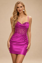Rutipo Fuchsia Cowl Sweetheart Neck Tight Homecoming Dress with Embellished Illusion Corset