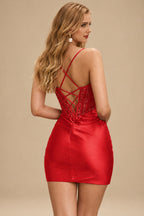 Rutipo Red Cowl Sweetheart Neck Tight Homecoming Dress with Embellished Illusion Corset