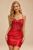 Rutipo Red Cowl Sweetheart Neck Tight Homecoming Dress with Embellished Illusion Corset