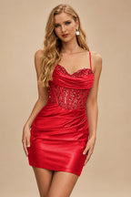 Rutipo Red Cowl Sweetheart Neck Tight Homecoming Dress with Embellished Illusion Corset