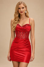 Rutipo Red Cowl Sweetheart Neck Tight Homecoming Dress with Embellished Illusion Corset