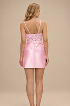 Rutipo Blushing Pink Fitted Sheer Sequins Corset Slit Homecoming Dress with Spaghetti Straps