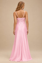 Rutipo Blushing Pink Fitted Sheer Sequins Corset Slit Homecoming Dress with Spaghetti Straps