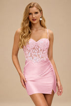 Rutipo Blushing Pink Fitted Sheer Sequins Corset Slit Homecoming Dress with Spaghetti Straps