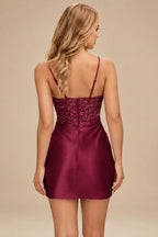 Rutipo Burgundy Fitted Sheer Sequins Corset Slit Homecoming Dress with Spaghetti Straps