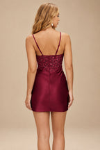 Rutipo Burgundy Fitted Sheer Sequins Corset Slit Homecoming Dress with Spaghetti Straps