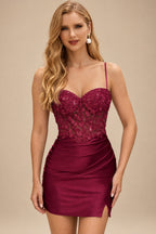 Rutipo Burgundy Fitted Sheer Sequins Corset Slit Homecoming Dress with Spaghetti Straps