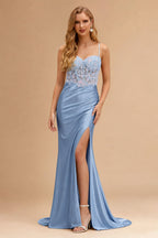 Rutipo Dusty Blue Fitted Sheer Sequins Corset Slit Homecoming Dress with Spaghetti Straps