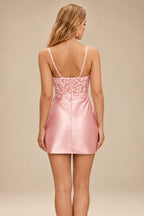 Rutipo Dusty Pink Fitted Sheer Sequins Corset Slit Homecoming Dress with Spaghetti Straps