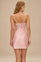 Rutipo Dusty Pink Fitted Sheer Sequins Corset Slit Homecoming Dress with Spaghetti Straps
