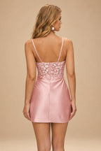 Rutipo Dusty Rose Fitted Sheer Sequins Corset Slit Homecoming Dress with Spaghetti Straps