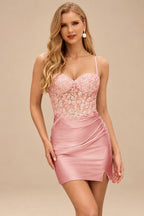 Rutipo Dusty Rose Fitted Sheer Sequins Corset Slit Homecoming Dress with Spaghetti Straps