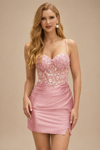 Rutipo Dusty Rose Fitted Sheer Sequins Corset Slit Homecoming Dress with Spaghetti Straps