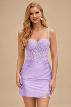 Rutipo Lilac Fitted Sheer Sequins Corset Slit Homecoming Dress with Spaghetti Straps