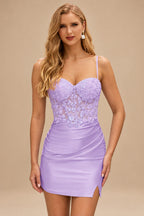Rutipo Lilac Fitted Sheer Sequins Corset Slit Homecoming Dress with Spaghetti Straps
