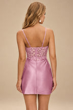Rutipo Mauve Fitted Sheer Sequins Corset Slit Homecoming Dress with Spaghetti Straps
