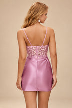 Rutipo Mauve Fitted Sheer Sequins Corset Slit Homecoming Dress with Spaghetti Straps