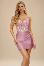 Rutipo Mauve Fitted Sheer Sequins Corset Slit Homecoming Dress with Spaghetti Straps
