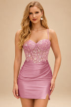 Rutipo Mauve Fitted Sheer Sequins Corset Slit Homecoming Dress with Spaghetti Straps