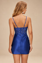 Rutipo Navy Blue Fitted Sheer Sequins Corset Slit Homecoming Dress with Spaghetti Straps