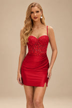 Rutipo Red Fitted Sheer Sequins Corset Slit Homecoming Dress with Spaghetti Straps