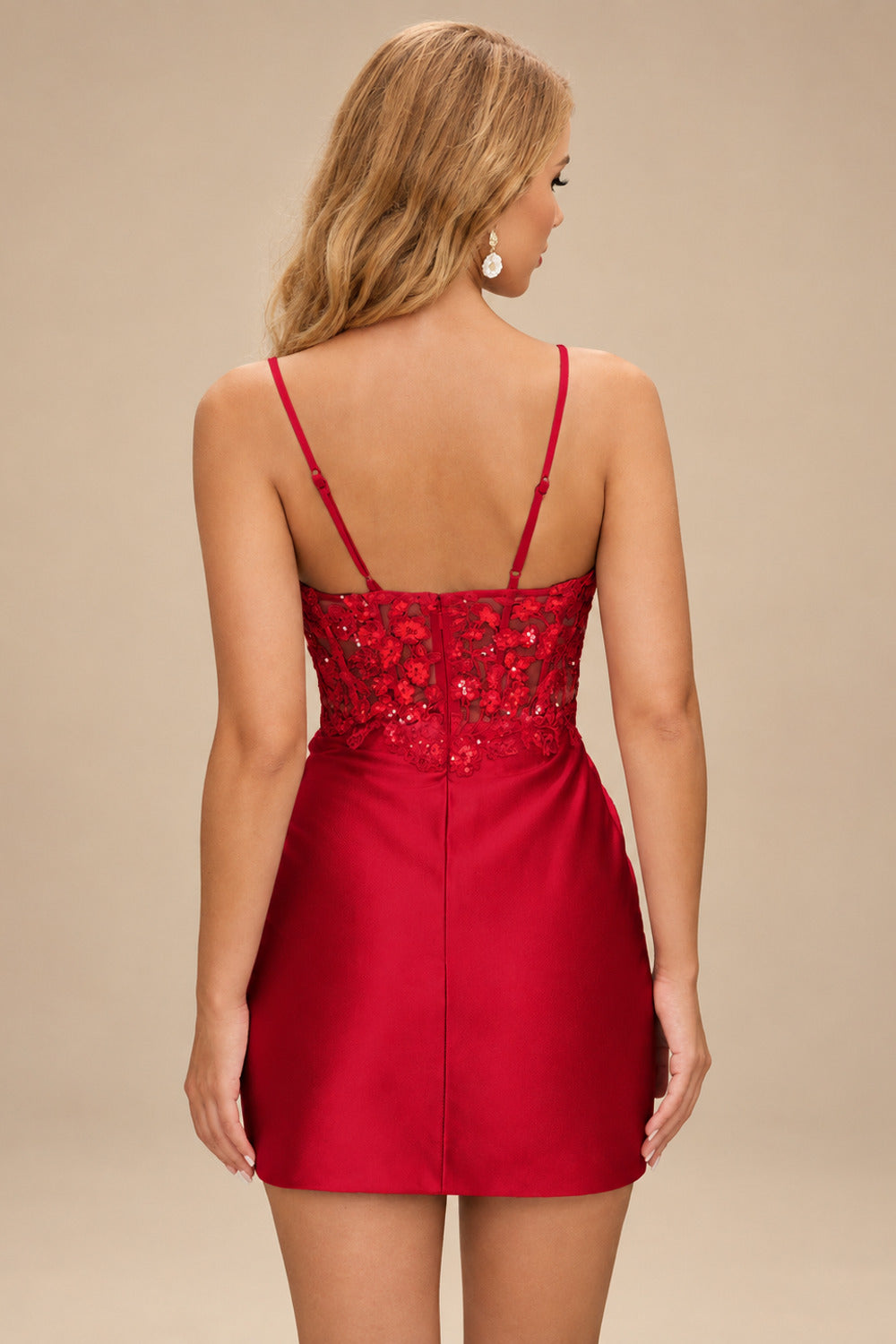 Rutipo Red Fitted Sheer Sequins Corset Slit Homecoming Dress with Spaghetti Straps