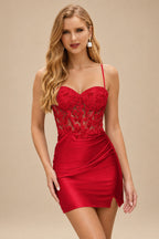 Rutipo Red Fitted Sheer Sequins Corset Slit Homecoming Dress with Spaghetti Straps