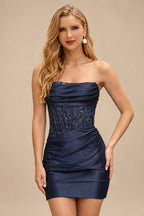 Rutipo Dark Navy Strapless Fitted Homecoming Dress with Lace Corset Bodice Ruched Skirt
