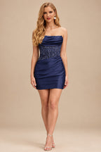 Rutipo Dark Navy Strapless Fitted Homecoming Dress with Lace Corset Bodice Ruched Skirt