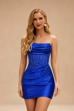 Rutipo Royal Blue Strapless Fitted Homecoming Dress with Lace Corset Bodice Ruched Skirt