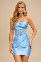 Rutipo Sky Blue Strapless Fitted Homecoming Dress with Lace Corset Bodice Ruched Skirt