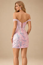 Rutipo Blushing Pink Off-Shoulder Sequin Lace-Up Homecoming Dress with Sheer Corset