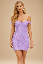 Rutipo Lilac Off-Shoulder Sequin Lace-Up Homecoming Dress with Sheer Corset