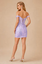 Rutipo Lilac Off-Shoulder Sequin Lace-Up Homecoming Dress with Sheer Corset