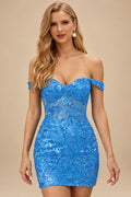 Rutipo Ocean Blue Off-Shoulder Sequin Lace-Up Homecoming Dress with Sheer Corset