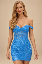 Rutipo Ocean Blue Off-Shoulder Sequin Lace-Up Homecoming Dress with Sheer Corset