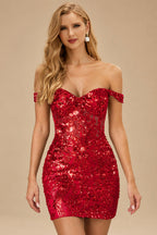 Rutipo Red Off-Shoulder Sequin Lace-Up Homecoming Dress with Sheer Corset