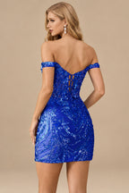 Rutipo Royal Blue Off-Shoulder Sequin Lace-Up Homecoming Dress with Sheer Corset