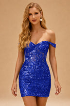Rutipo Royal Blue Off-Shoulder Sequin Lace-Up Homecoming Dress with Sheer Corset
