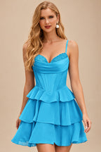 Rutipo Blue A-line Cowl Neck Tiered Flirty Ruffle Homecoming Dress