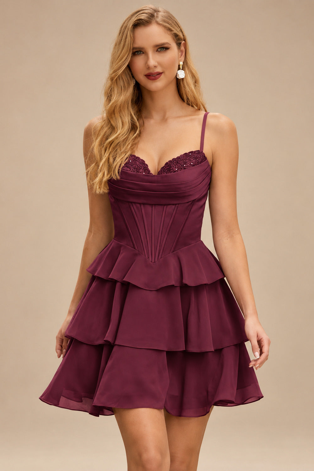 Rutipo Cabernet A-line Cowl Neck Tiered Flirty Ruffle Homecoming Dress