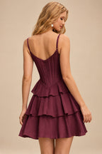 Rutipo Cabernet A-line Cowl Neck Tiered Flirty Ruffle Homecoming Dress