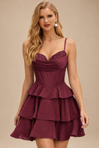Rutipo Cabernet A-line Cowl Neck Tiered Flirty Ruffle Homecoming Dress